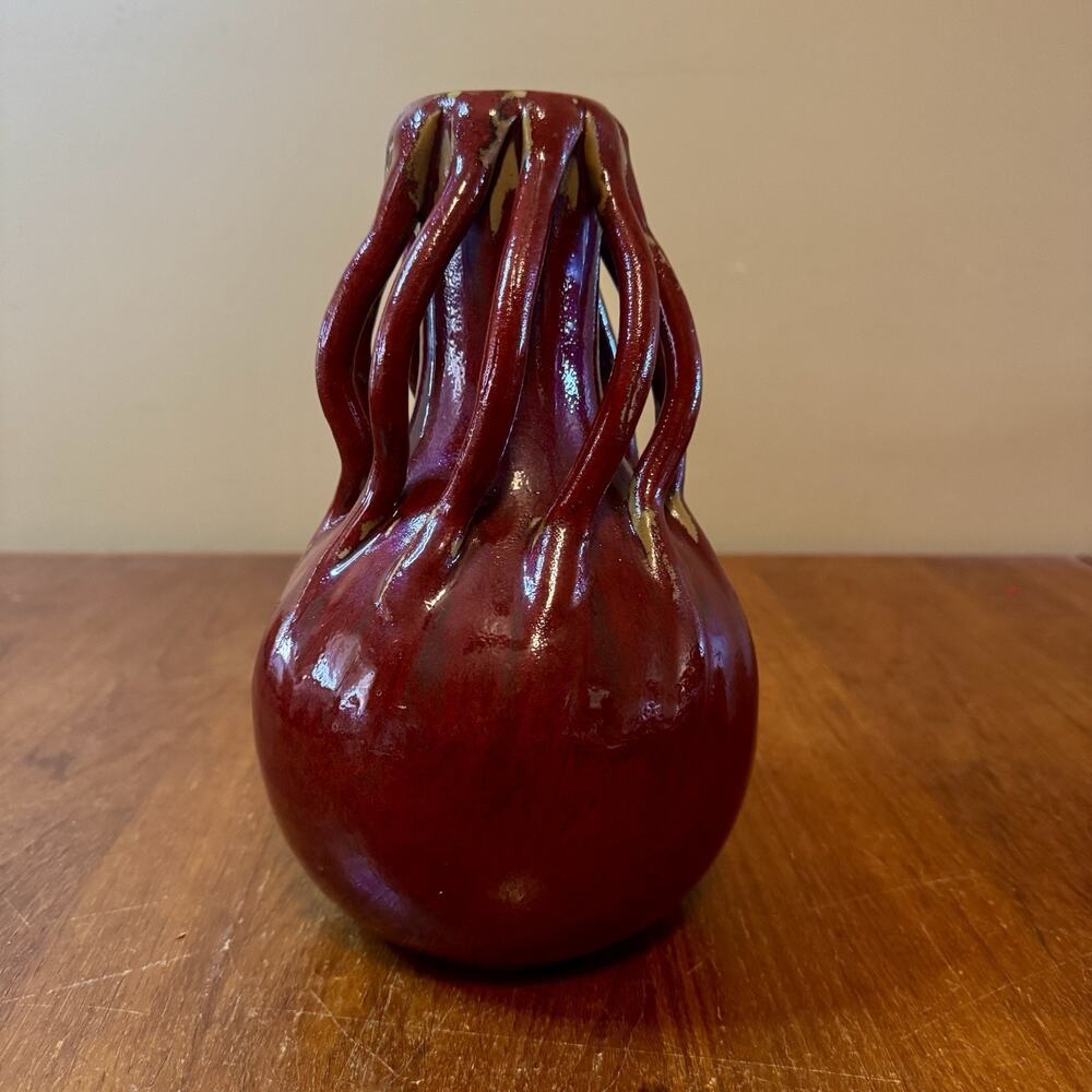 Vintage Red Drip Glaze Art Pottery Vase Global Views Sculptural Openwork Decor